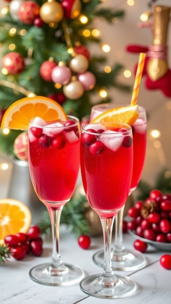 Festive cranberry cocktails in glasses with garnishes, surrounded by holiday decorations.